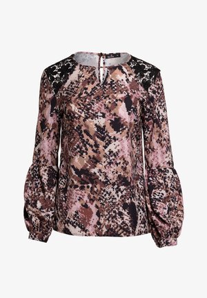 Bluzka z długim rękawem w różowy, brązowy i czarny abstrakcyjny wzór. Posiada koronkowe akcenty na ramionach oraz detal z dziurką z tyłu.