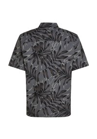 Short-sleeve shirt in dark gray fabric featuring a leaf pattern in black and light gray tones. Standard collar, closed-back design.