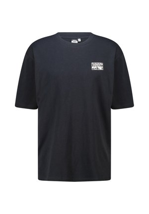 Schwarzes Baumwoll-T-Shirt mit Rundhalsausschnitt und kurzen Ärmeln. Verfügt über einen kleinen Grafikdruck in Weiß auf der linken Brustseite.