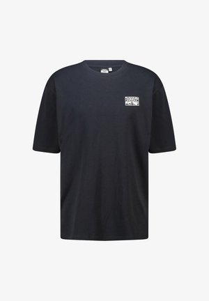 Black cotton t-shirt with a crew neckline and short sleeves. Features a small graphic print in white on the left chest area.