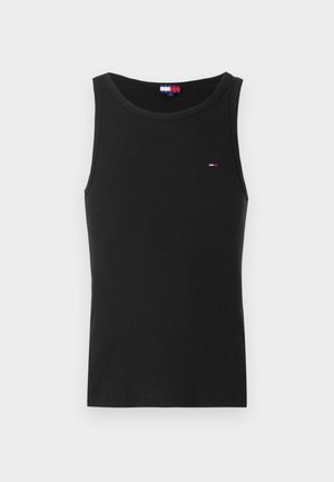 Schwarzes, ärmelloses Tanktop aus Rippstoff. Verfügt über ein kleines Logo in Rot, Weiß und Blau auf der linken Brustseite.