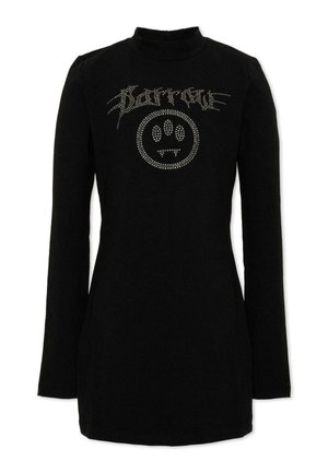 Robe noire à manches longues avec col montant, ornée d'un texte clouté argenté et d'un motif circulaire d'empreinte de patte avec crocs sur la poitrine.