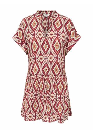 Sukienka z krótkim rękawem i guzikami, z geometrycznym wzorem w kształcie diamentu w kolorach czerwonym, beżowym i musztardowym oraz taliowanym krojem.