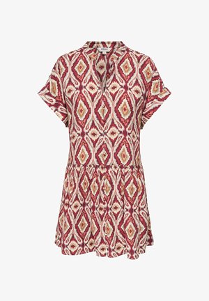 Rövid ujjú gombos ruha piros, bézs és mustár színű rombusz alakú geometriai mintával és kontrasztos derékrésszel.