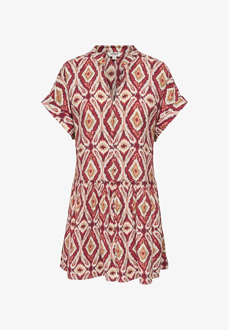 Robe à manches courtes boutonnée avec un motif géométrique en forme de losange rouge, beige et moutarde et une taille cintrée.