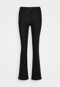 Pantalones vaqueros acampanados negros de denim, con cremallera, cierre de botón y cinco bolsillos. Textura suave con un diseño clásico.