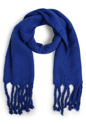 Blåt uldtørklæde med snoede frynser i begge ender, løst snoet i midten mod en hvid baggrund.