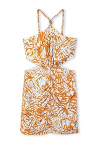 Jurk met een oranje en witte abstracte print, voorzien van gevlochten bandjes, een uitsnijd ontwerp en een gathered textuur overal.