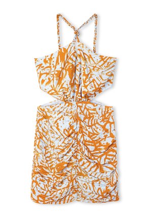 Abito con motivo astratto arancione e bianco, caratterizzato da spalline intrecciate, design con ritagli e texture arricciata in tutto l'abito.