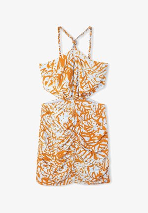 Kleid mit orange-weißem abstraktem Muster, ausgestattet mit geflochtenen Trägern, einem Cut-out-Design und geraffter Textur überall.