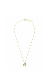 Guldtonad halsband med en delikat kedja, som har en fler-rings hänge i silver och guld, som framhäver sammanlänkade cirkulära former.