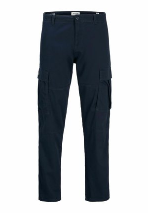 Pantaloni cargo bleumarin din material durabil, cu multiple buzunare laterale, design cu picioare drepte și detalii subtile de cusături.