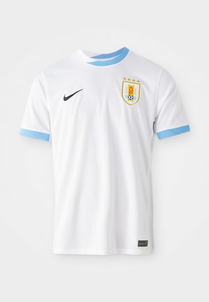 White Nike soccer jersey with light blue accents on the collar and sleeves. Features a badge with a crest and three stars above it.