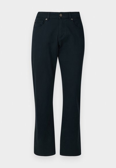 Juodos džinsinės kelnės su tiesiu kirpimu, pagamintos iš džinsinio audinio. Yra penki kišenės, metalinis mygtukas ir kontrastinga siuvinėjimo detalė.