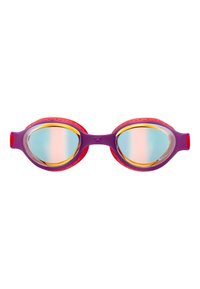 Okulary pływackie z fioletową oprawą, czerwonymi akcentami i lustrzanymi szkłami z efektem gradientu kolorów. Teksturowane uchwyty dla komfortu.