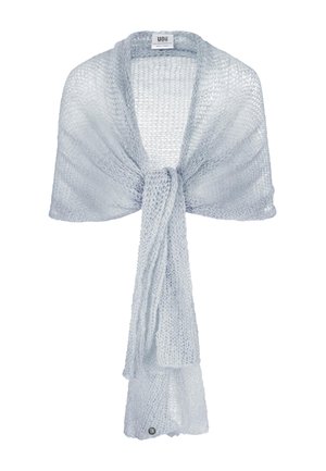 Jasnoszary otwarty szal z szerokim kołnierzem i długimi końcami zwisającymi, z małą okrągłą metalową metką marki w pobliżu brzegu.