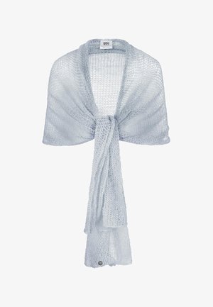 Jasnoszary otwarty szal z szerokim kołnierzem i długimi końcami zwisającymi, z małą okrągłą metalową metką marki w pobliżu brzegu.