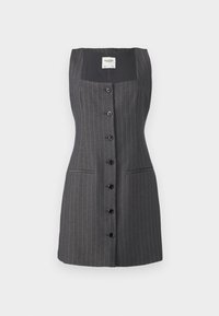 Šedé pruhované šaty se čtvercovým výstřihem, předními knoflíky, dvěma bočními kapsami a hladkou texturou. Obsahují kontrastní tmavou horní část.