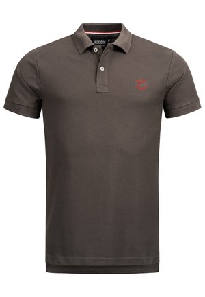 Brown cotton polo shirt with a collar, featuring a three-button placket and small red logo detail on the left chest. Short sleeves, solid color.