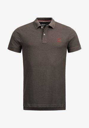 Brown cotton polo shirt with a collar, featuring a three-button placket and small red logo detail on the left chest. Short sleeves, solid color.