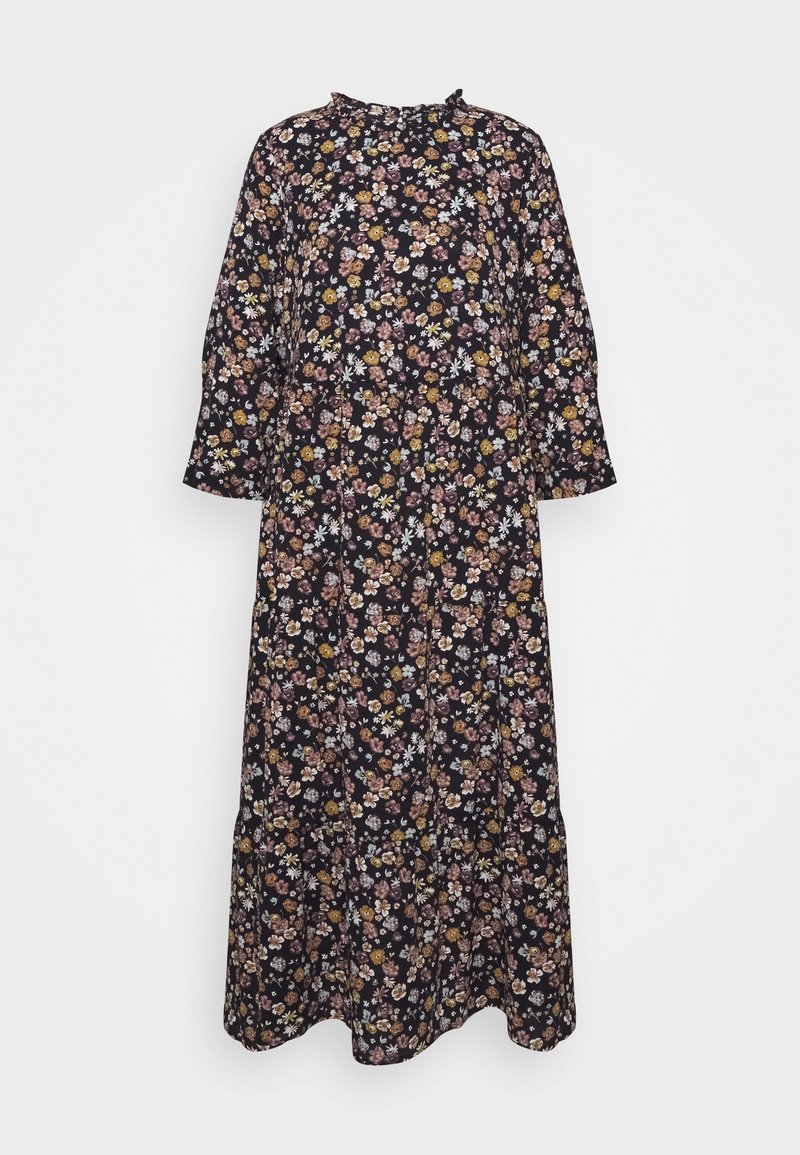 Longue robe noire à col haut et manches longues, ornée d'un petit motif floral multicolore.
