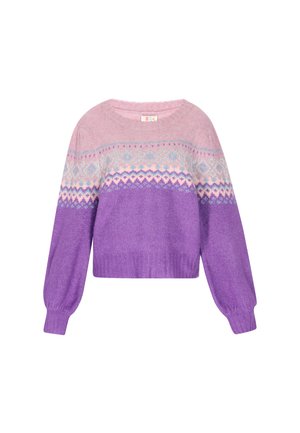 Pullover all'uncinetto con colletto tondo, caratterizzato da colori gradienti rosa, blu e viola, maniche a sbuffo e orlo a costine. Texture morbida.