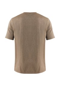 T-shirt a maniche corte in un tessuto marrone chiaro e texture, con scollatura rotonda e orlo dritto. Design semplice, senza decorazioni visibili.