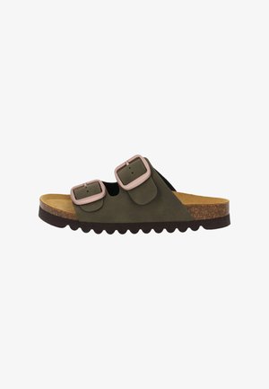 Open-toe sandaal met twee verstelbare olijfgroene bandjes met roze gespen, een kurken voetbed en een zwarte profielzool.