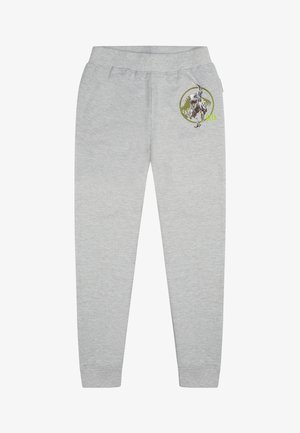 Pantaloni sportivi grigi realizzati in tessuto misto cotone, con cintura elastica, gambe affusolate e una grafica di dinosauro con dettagli verdi.