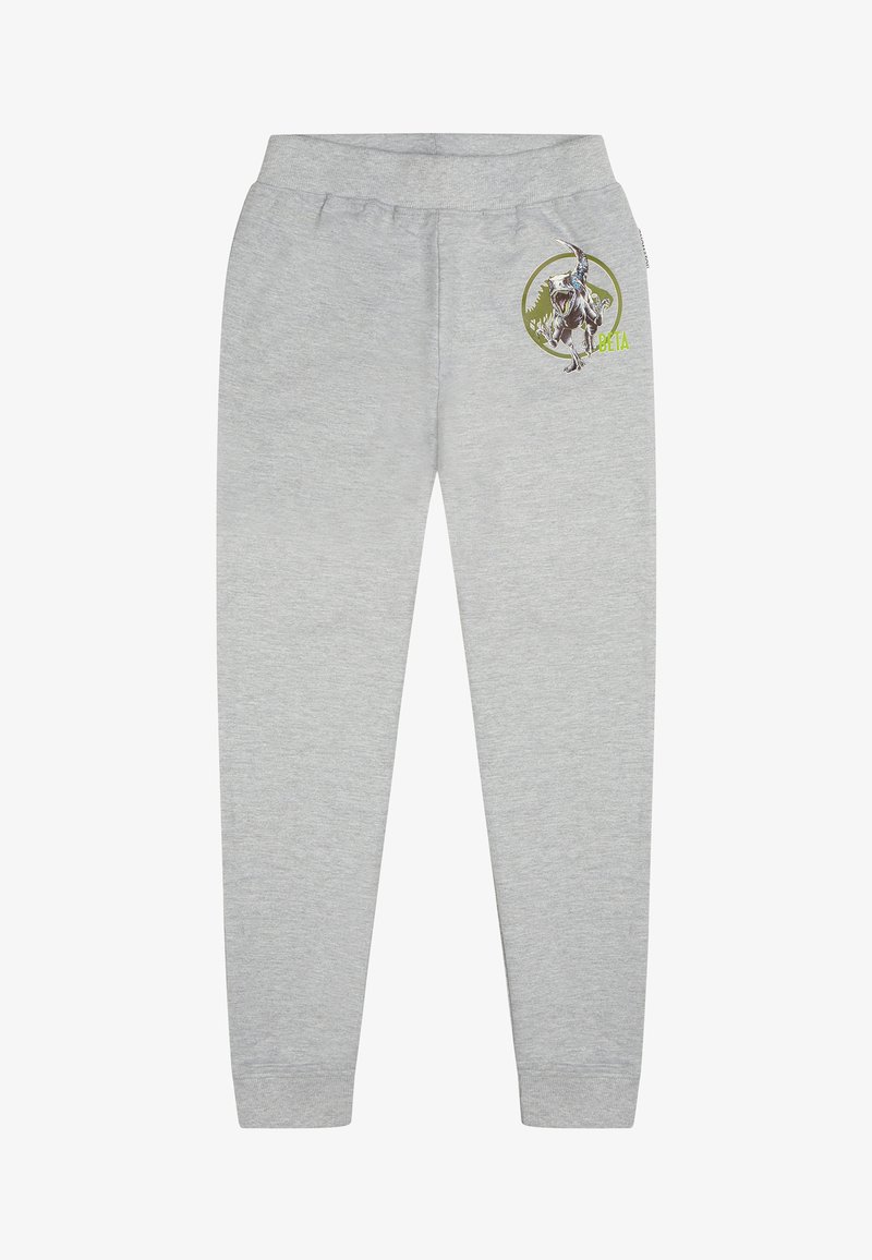 Pantalones de chándal grises hechos de una mezcla de algodón, con cinturilla elástica, piernas ajustadas y un gráfico de dinosaurio con acentos verdes.