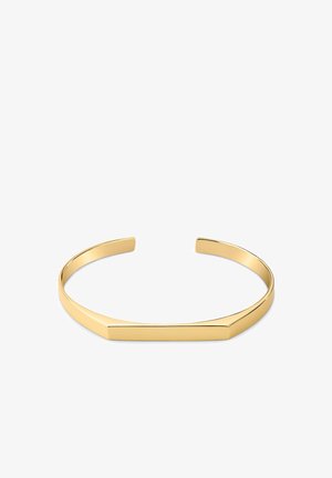 Minimalistisk åbent armbånd i guldfarve med en flad, vinklet frontbjælke på en hvid baggrund.