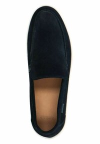 Black suede slip-on shoe with a rounded toe and a white rubber sole; features a smooth texture and minimal stitching details.