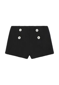 Pantalones cortos negros de tiro alto con una tela texturizada, que presentan acentos de botones de doble botonadura en plata y un diseño entallado.