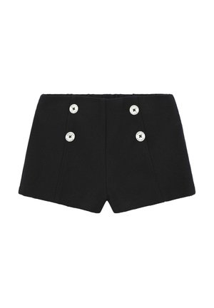 Schwarze hoch taillierte Shorts aus strukturiertem Stoff, mit doppelreihigen Knopfakzenten in Silber und einem taillierten Design.