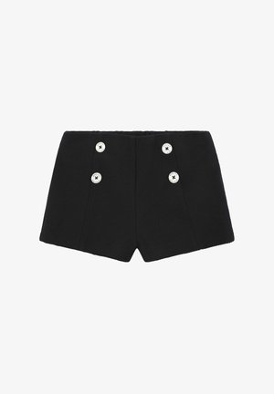 Pantalones cortos negros de tiro alto con una tela texturizada, que presentan acentos de botones de doble botonadura en plata y un diseño entallado.