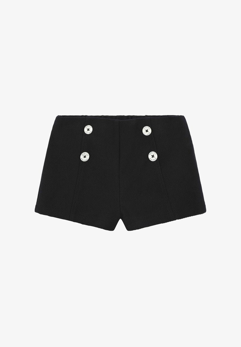 Pantalones cortos negros de tiro alto con una tela texturizada, que presentan acentos de botones de doble botonadura en plata y un diseño entallado.