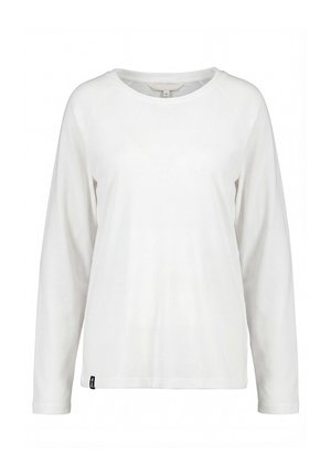 Weißes Langarmshirt mit Rundhalsausschnitt und kleinem schwarzem Etikett unten links, auf weißem Hintergrund dargestellt.