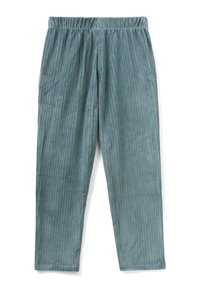 Ljusblå corduroybyxor med resår i midjan, med vertikala ränder och en avslappnad passform. Slät textur med en subtil lyster.