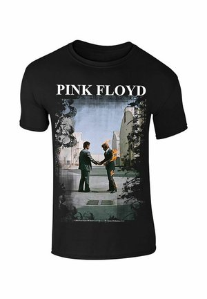 Zwarte katoenen T-shirt met een grafische print van twee figuren die elkaars hand schudden, waarvan er één in vlammen staat. Bovenaan staat de tekst "PINK FLOYD."