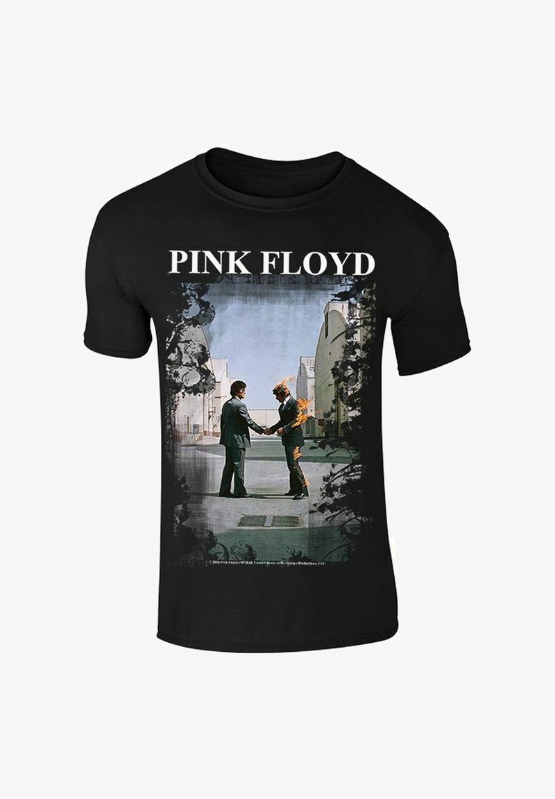 Černé bavlněné tričko se grafickým potiskem dvou postav, které si podávají ruce, přičemž jedna je v plamenech. Text nahoře zní "PINK FLOYD."