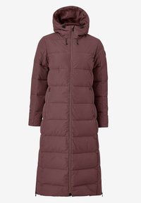 Langer, kastanienbrauner Daunenmantel mit Kapuze, ausgestattet mit einemvollen Reißverschluss, einem gesteppten Muster und verstellbaren Kordeln. Glattes, wasserabweisendes Material.