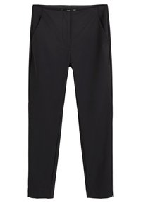 Pantaloni neri con una vestibilità su misura, caratterizzati da una texture liscia, due tasche laterali e un design della vita pulito.