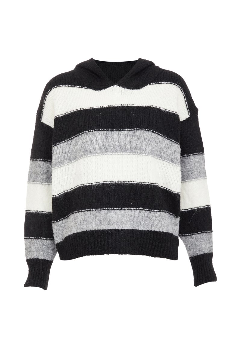Zwart, wit en grijs gestreepte gebreide hoodie trui met lange mouwen en ribgebreide manchetten en onderrand.