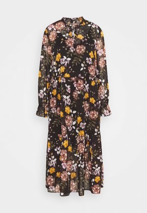 Langærmet sort kjole med lyserødt, gult og hvidt blomsterprint, høj halsudskæring med bindebånd og flæsekant ved ærmer og skørt.