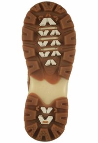 Suela de zapato de goma, marrón con patrones de tracción blancos y surcos. Cuenta con áreas reforzadas para mayor durabilidad y una superficie texturizada para un mejor agarre.