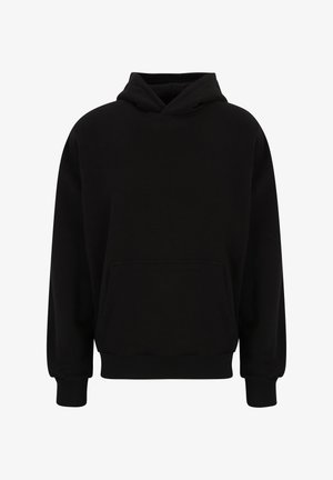 Sudadera negra con capucha, con un bolsillo en la parte frontal, puños y dobladillo acanalados. Fabricada en tejido suave; presenta un corte relajado y capucha ajustable.