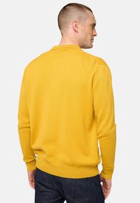 Mann in einem gelben Langarmpullover und dunklen blauen Jeans, der sich leicht nach rechts dreht vor einem hellen, einfarbigen Hintergrund.
