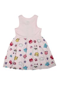 Robe en coton rose avec un design sans manches. Dotée d'une jupe évasée ornée de personnages de dessins animés colorés et de formes.