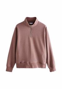 Mauve sweatshirt met een hoge kraag en kwart-rits, voorzien van geribbelde manchetten en een zachte textuur. Eenvoudig ontwerp, zonder patronen of accenten.