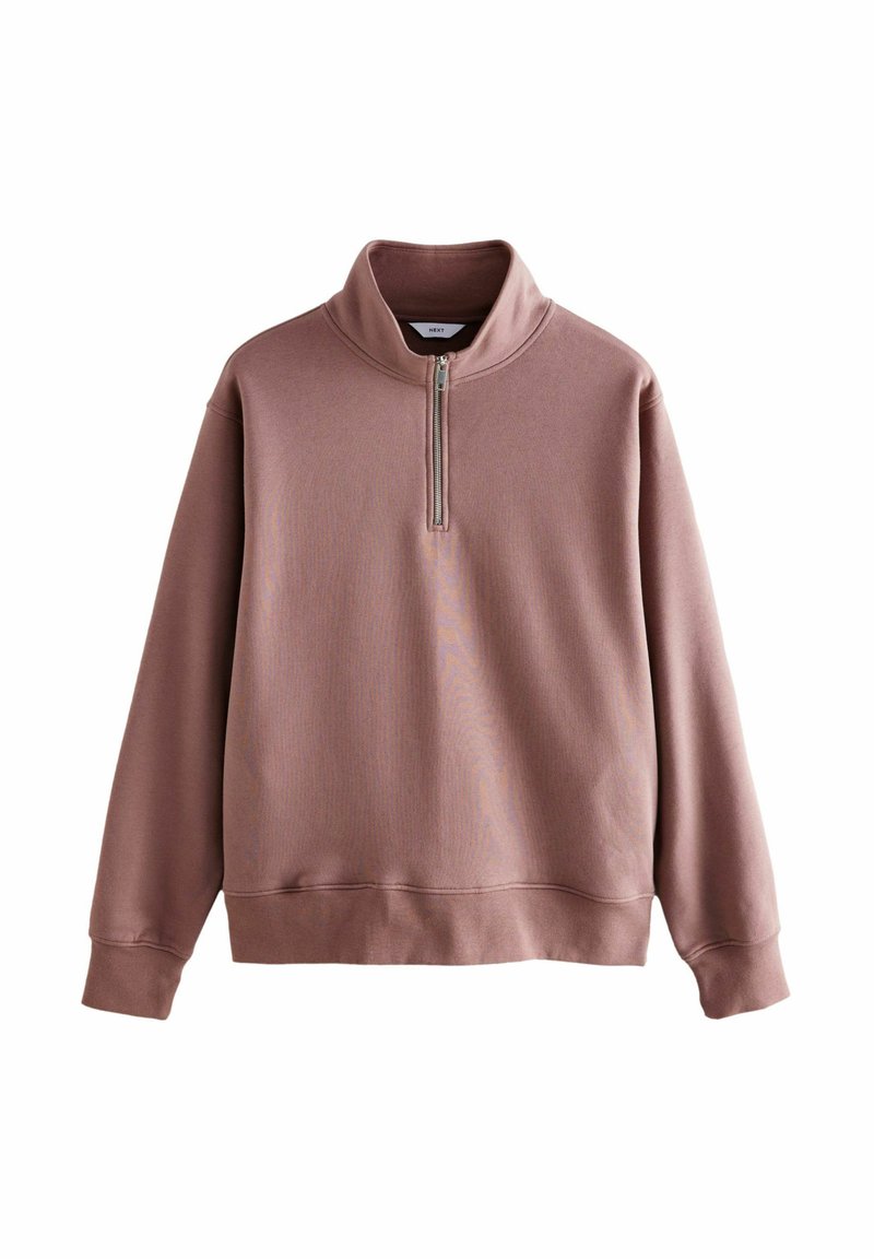 Mauve sweatshirt met een hoge kraag en kwart-rits, voorzien van geribbelde manchetten en een zachte textuur. Eenvoudig ontwerp, zonder patronen of accenten.